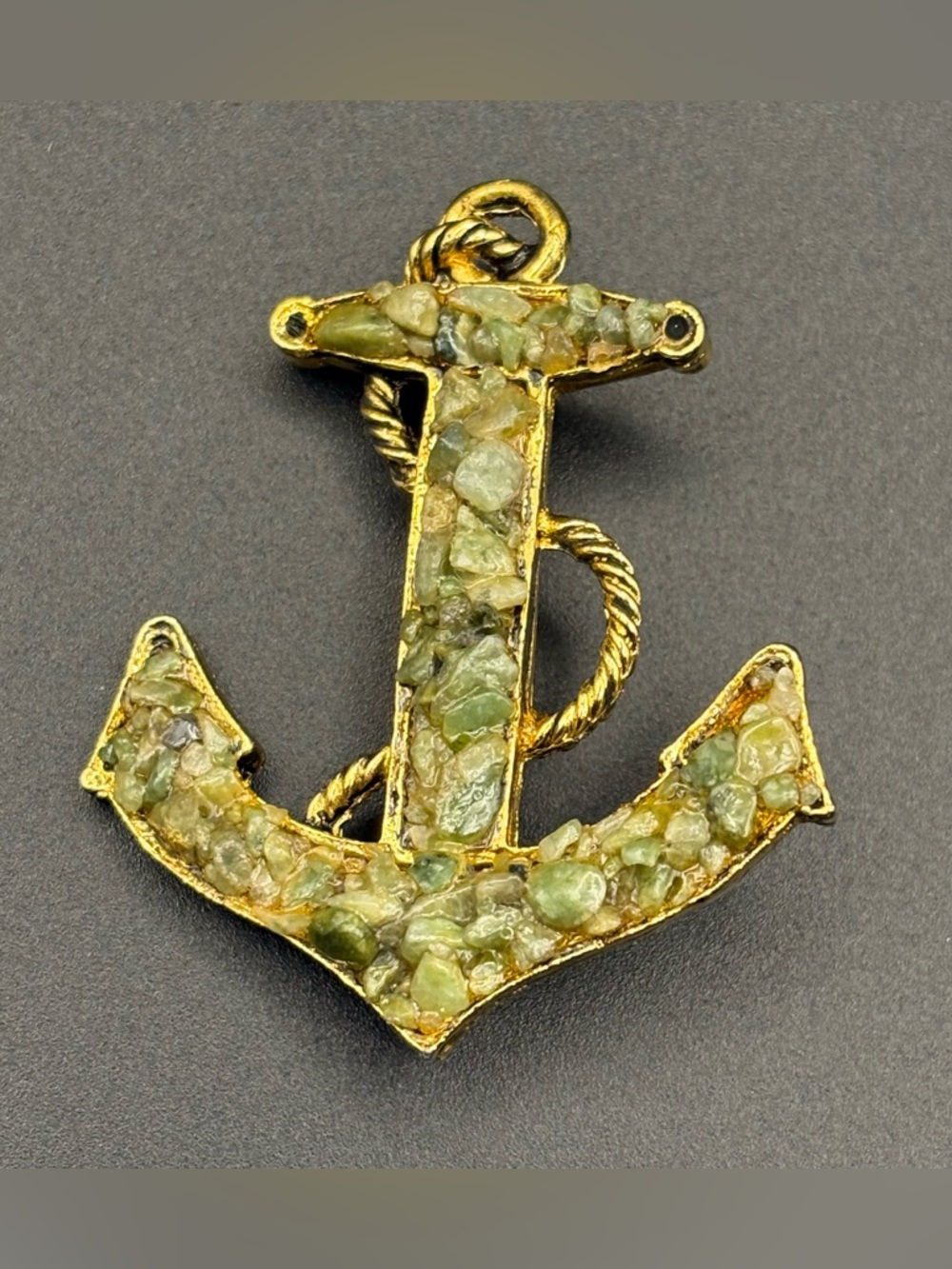 Source Unknown Gold Anchor Pendant with Green Stone Chips